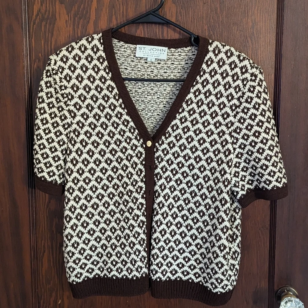 St. John Collection Brown and Cream Short-Sleeve Sweater Size Small
